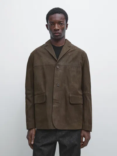 Massimo Dutti Nubuck Leather Blazer In Gray