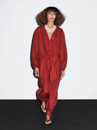 Massimo Dutti 100% Linen Blouse With Tie Detail In Red