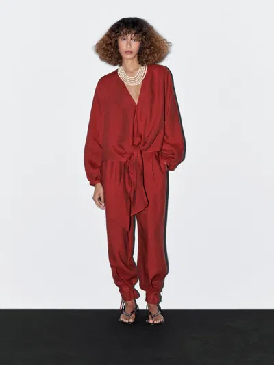 Massimo Dutti 100% Linen Blouse With Tie Detail In Red