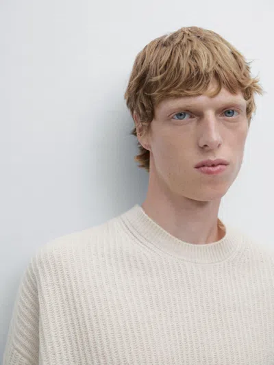 Massimo Dutti Crew Neck Ribbed Sweater In White