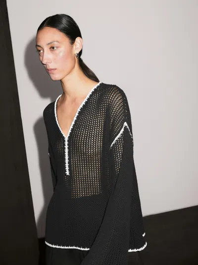 Massimo Dutti 100% Cotton Openwork Crochet Sweater In Black