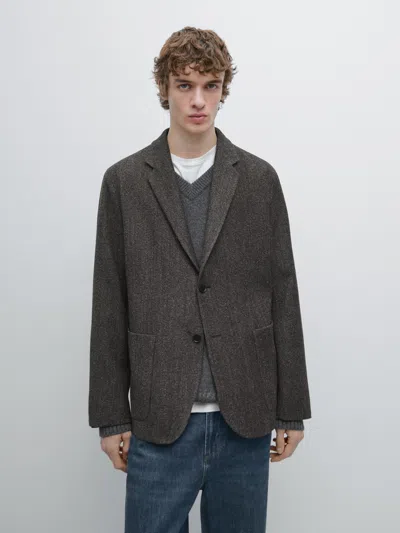 Massimo Dutti Herringbone Wool Blend Blazer In Gray