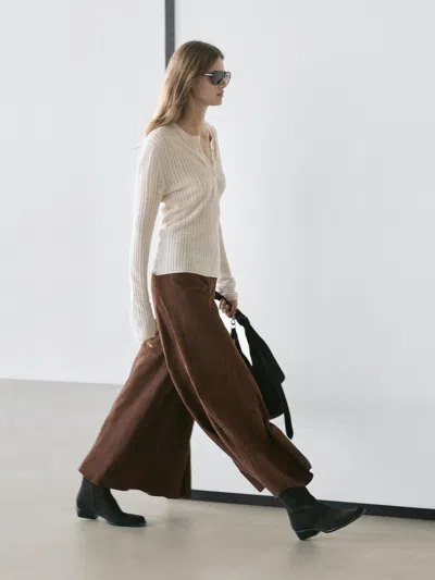 Massimo Dutti Suede Leather Flared Trousers In Brown