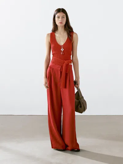 Massimo Dutti 100% Cotton Top With Tie Detail In Burgundy