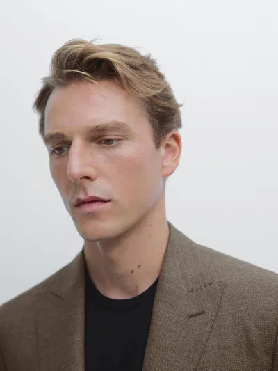 Massimo Dutti 100% Wool Textured Blazer In Brown