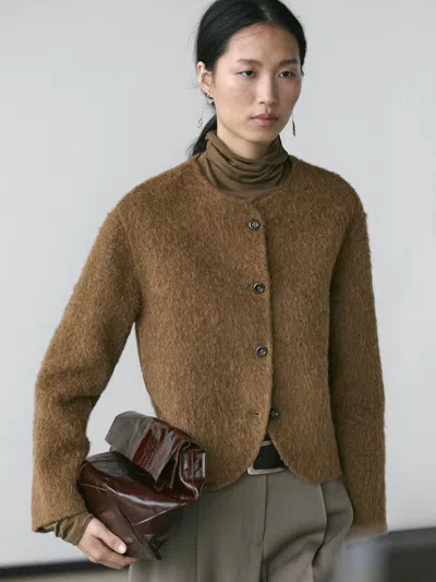 Massimo Dutti Alpaca And Wool Knit Cardigan With Brushed Finish In Green