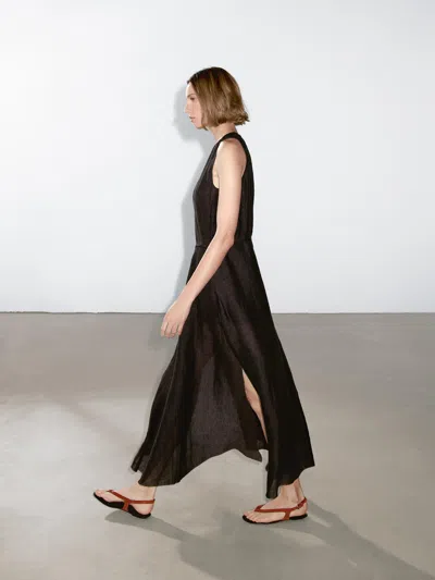 Massimo Dutti 100% Linen Midi Dress With Frayed Trims In Brown