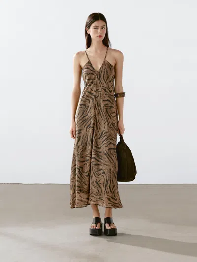 Massimo Dutti Long Ramie Blend Animal Print Dress In Multi