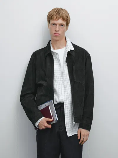 Massimo Dutti Suede Leather Jacket In Blue