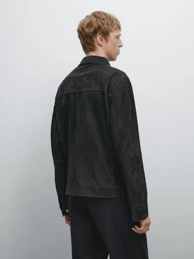 Massimo Dutti Suede Leather Jacket In Blue