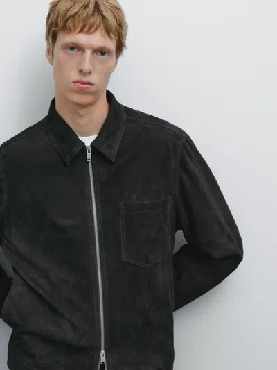 Massimo Dutti Suede Leather Jacket In Blue