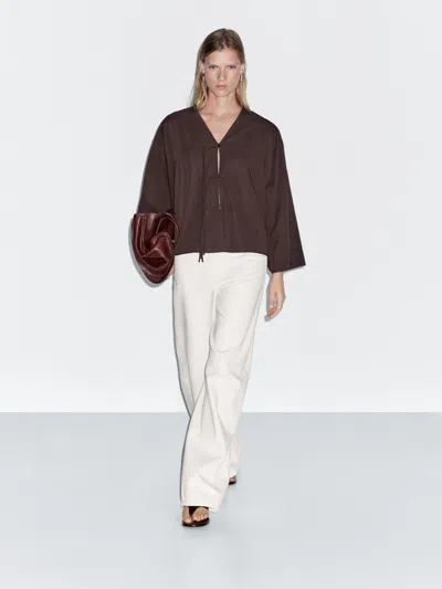 Massimo Dutti Cropped Shirt With Drawstring Detail In Brown