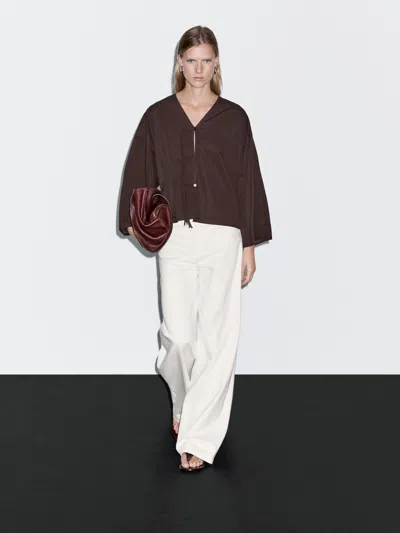 Massimo Dutti Cropped Shirt With Drawstring Detail In Brown