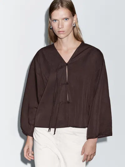 Massimo Dutti Cropped Shirt With Drawstring Detail In Brown