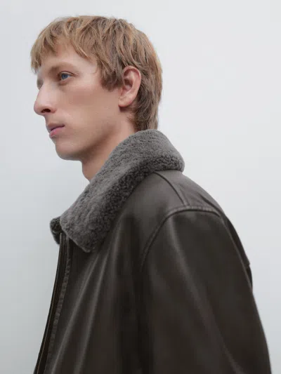 Massimo Dutti Nappa Leather Jacket With Lambskin Collar In Multi