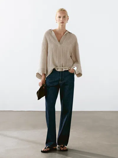 Massimo Dutti Flowing Linen Blend Blouse With Open Neckline In Multi