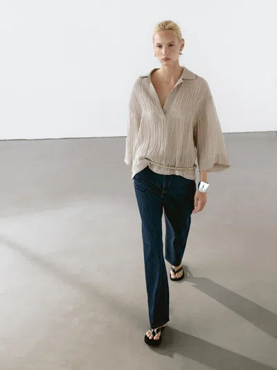 Massimo Dutti Flowing Linen Blend Blouse With Open Neckline In Multi