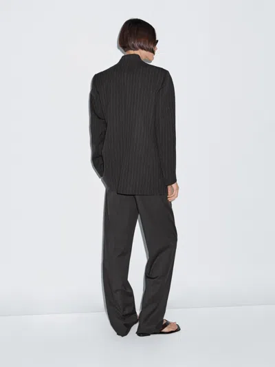 Massimo Dutti 100% Wool Striped Blazer With Collar Detail In Black