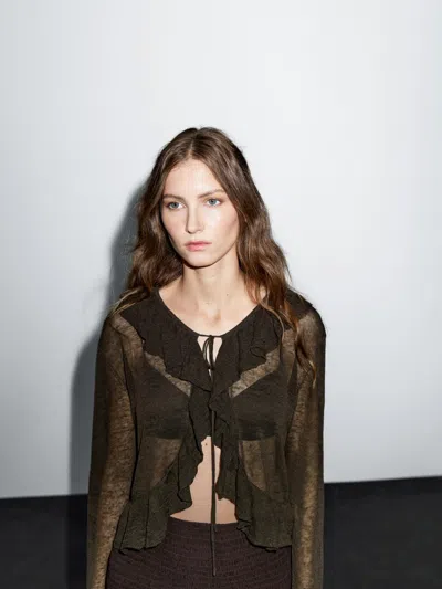 Massimo Dutti Linen Blend Ruffled Cardigan In Black