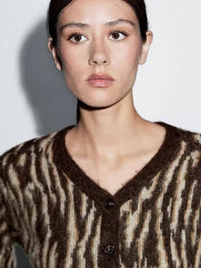 Massimo Dutti Alpaca Wool Blend Animal Print Cardigan In Brown