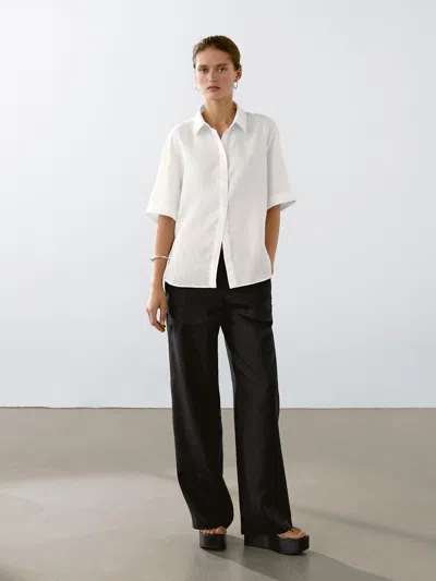 Massimo Dutti 100% Linen Short Sleeve Shirt In White