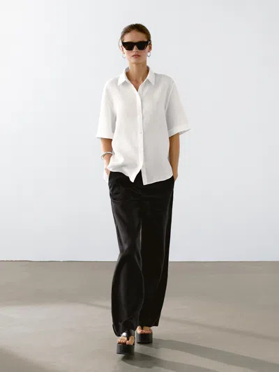 Massimo Dutti 100% Linen Short Sleeve Shirt In White
