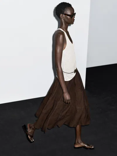 Massimo Dutti Suede Leather Flared Midi Skirt In White