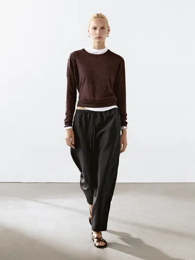 Massimo Dutti 100% Linen Knit Crew Neck Sweater In Brown