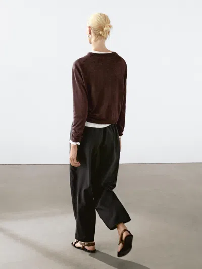 Massimo Dutti 100% Linen Knit Crew Neck Sweater In Brown