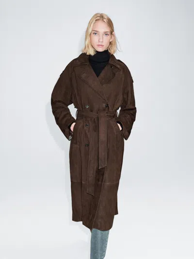 Massimo Dutti Long Suede Leather Trench Coat In Multi