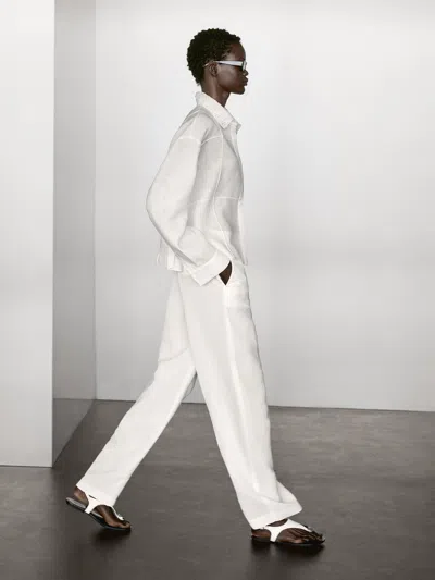 Massimo Dutti 100% Linen Shirt With Embroidered Detail In White