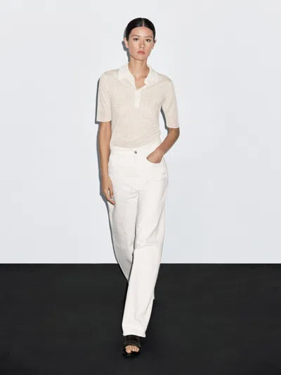 Massimo Dutti Open Knit Sweater With Polo Collar In White