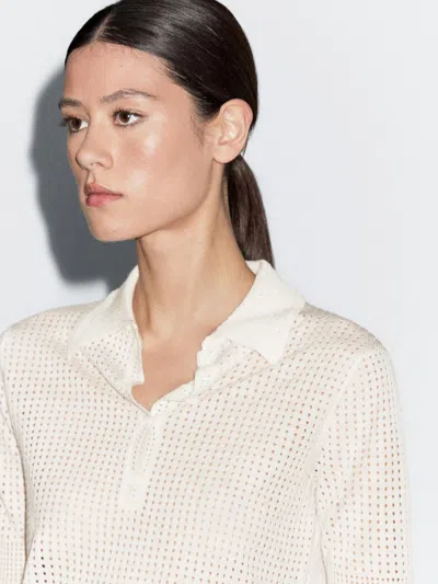 Massimo Dutti Open Knit Sweater With Polo Collar In White