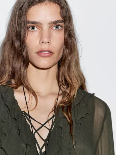 Massimo Dutti Long Flowing Dress With Ruffle Detail In Green