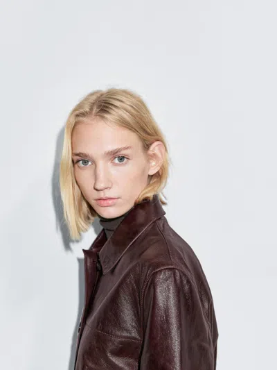 Massimo Dutti Cropped Nappa Leather Jacket In Burgundy