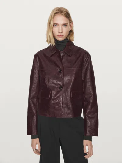 Massimo Dutti Cropped Nappa Leather Jacket In Burgundy