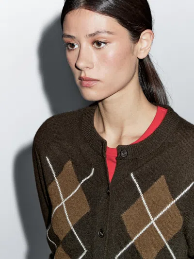 Massimo Dutti Knit Cardigan With Diamond Detail In Brown