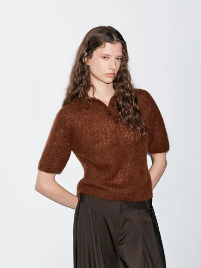 Massimo Dutti Alpaca Blend Knit Polo Jumper In Brown
