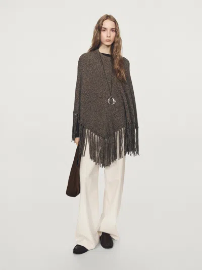 Massimo Dutti Wool Blend Mouliné Knit Cape With Fringing In Multi