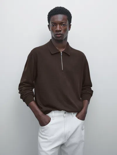 Massimo Dutti Knit Wool Blend Polo Sweater With Zip In Brown