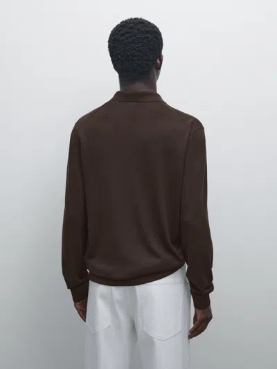 Massimo Dutti Knit Wool Blend Polo Sweater With Zip In Brown