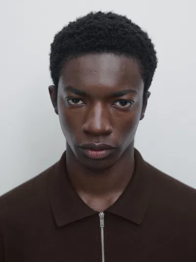 Massimo Dutti Knit Wool Blend Polo Sweater With Zip In Brown