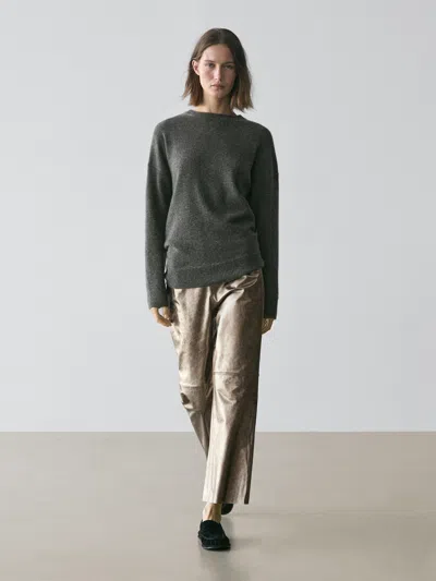 Massimo Dutti Nappa Leather Metallic Trousers In Neutral