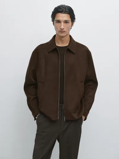 Massimo Dutti Double Wool Blend Jacket With Zip Detail In Brown