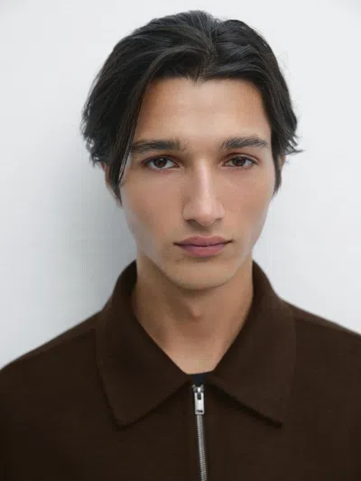 Massimo Dutti Double Wool Blend Jacket With Zip Detail In Brown