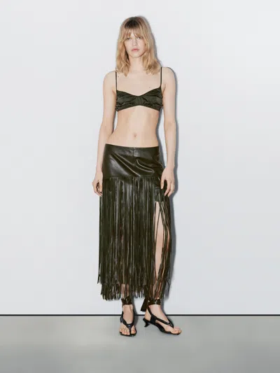 Massimo Dutti Nappa Leather Midi Skirt With Fringing In Black