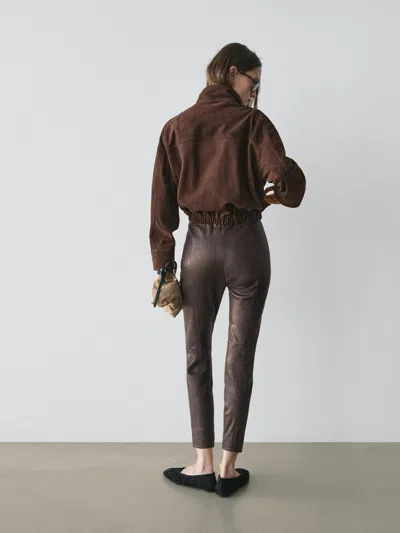 Massimo Dutti Nappa Leather Leggings With Elasticated Detail In Burgundy