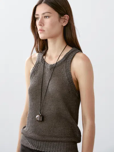 Massimo Dutti 100% Linen Knit Top In Brown
