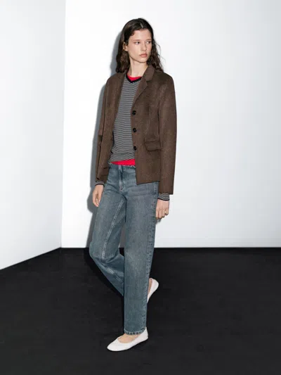 Massimo Dutti Wool Blend Blazer With Tailored Collar In Brown