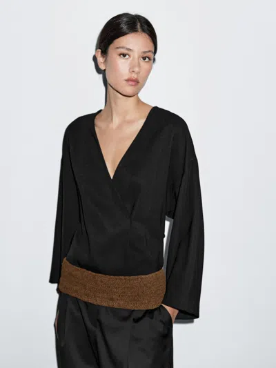 Massimo Dutti Plaited Split Suede Leather Sash Belt In Brown